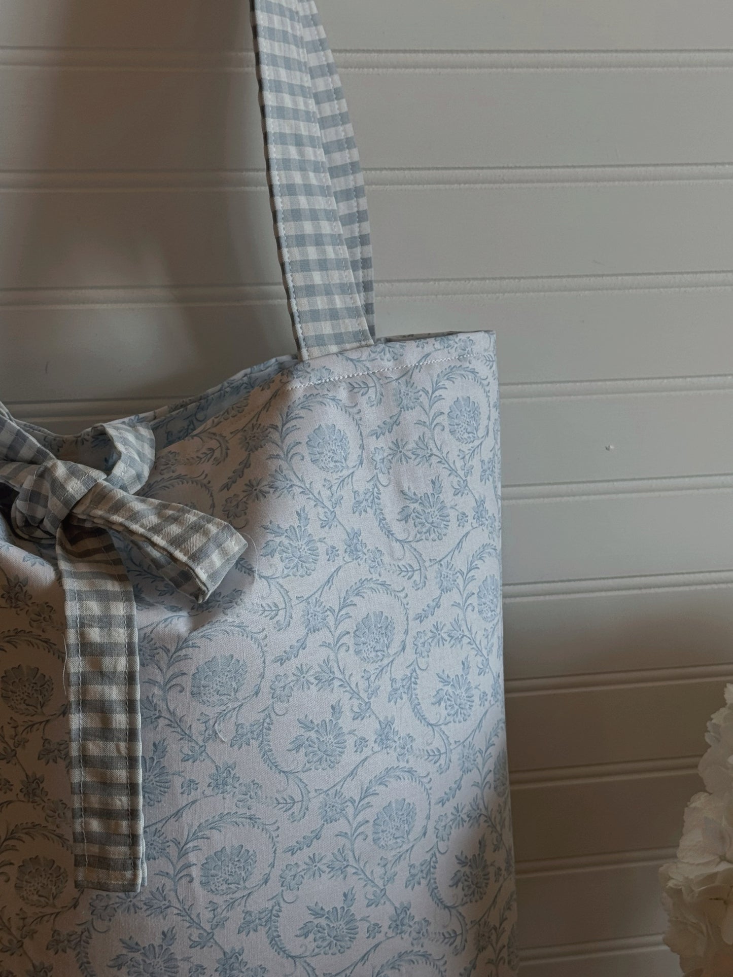 french blue floral & gingham tote bag