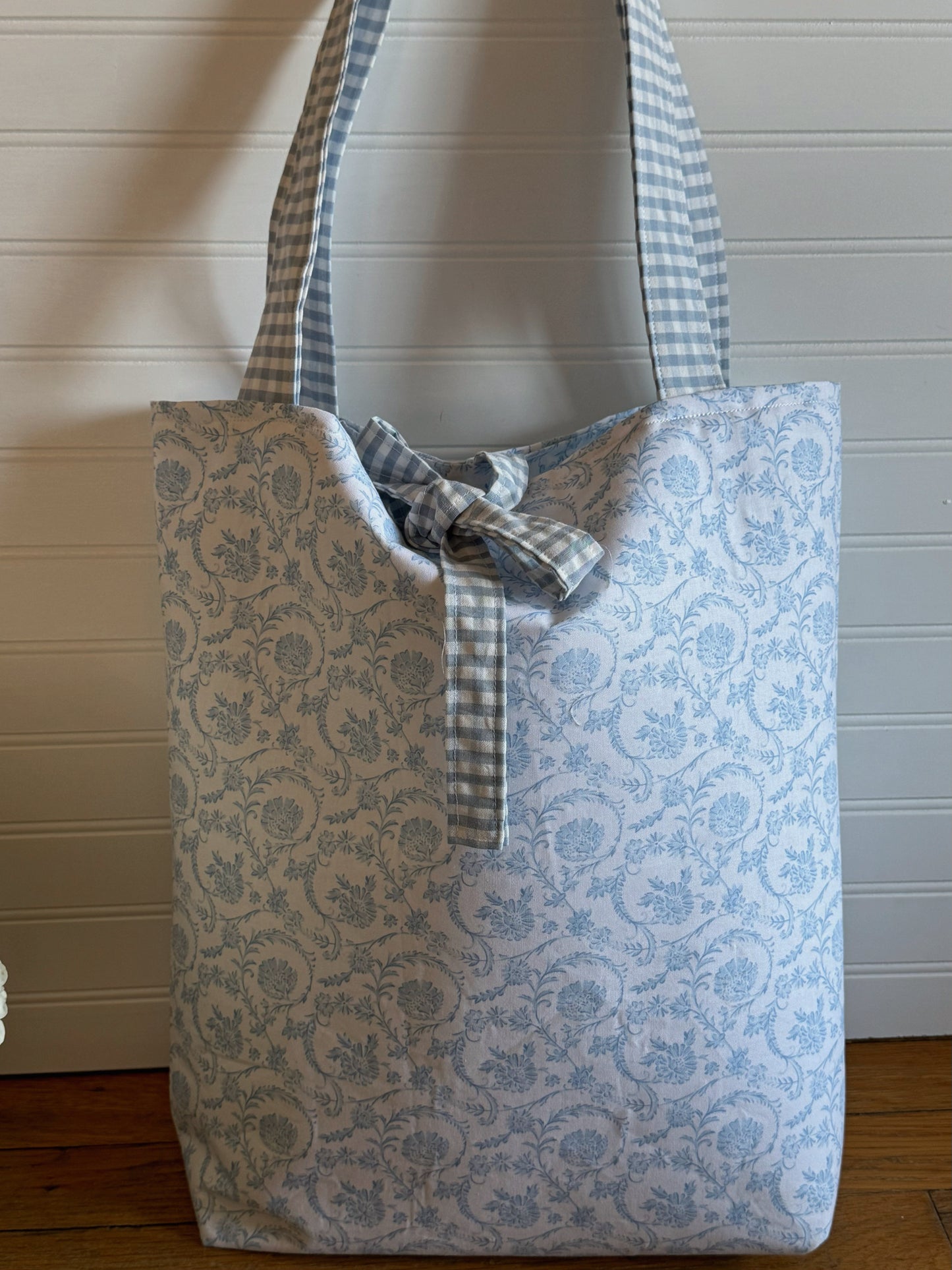 french blue floral & gingham tote bag