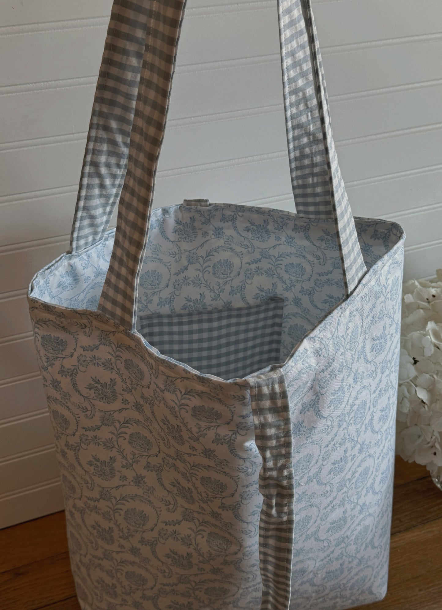 french blue floral & gingham tote bag