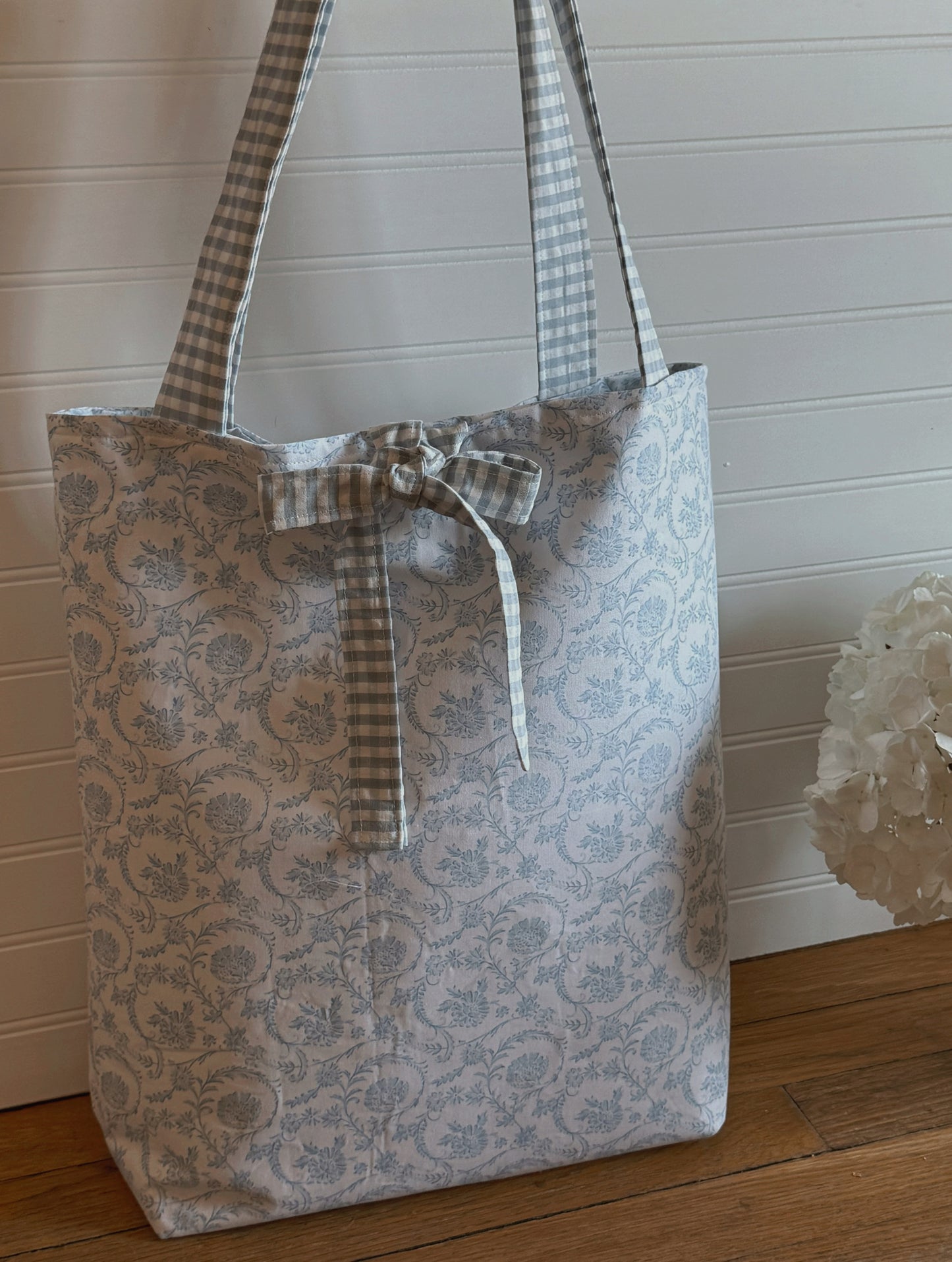 french blue floral & gingham tote bag