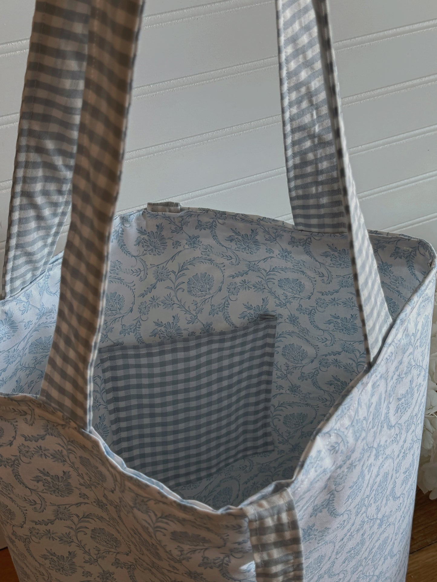 french blue floral & gingham tote bag