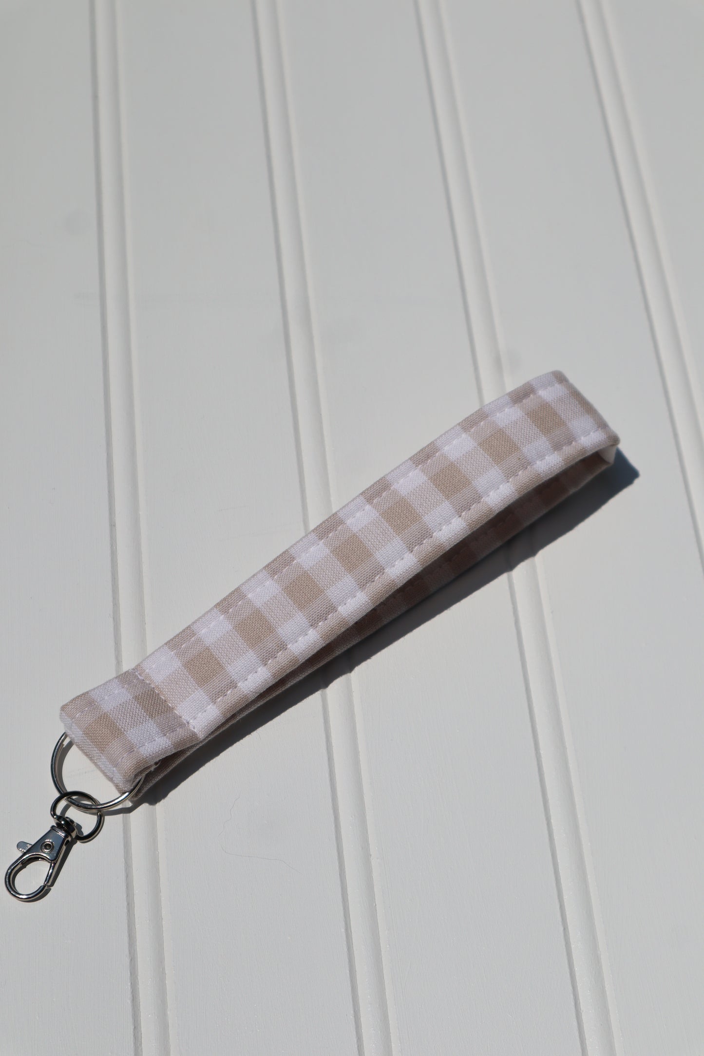 Beige Gingham Fabric Keychain