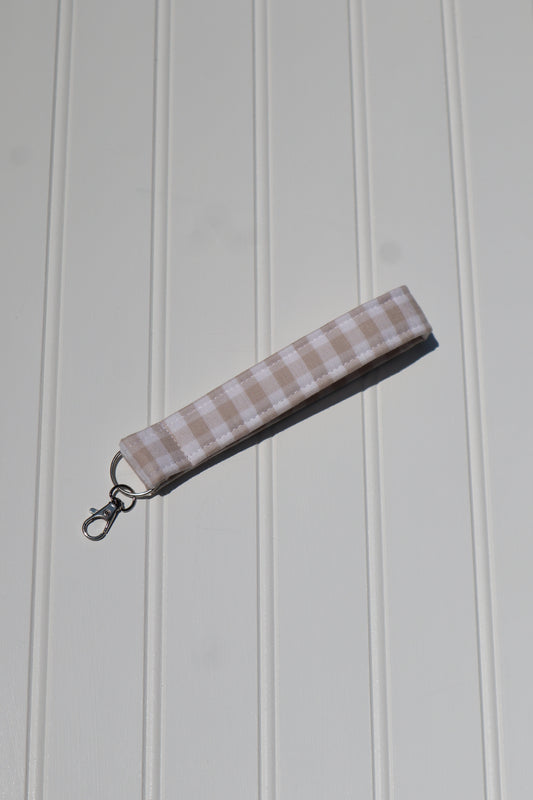 Beige Gingham Fabric Keychain