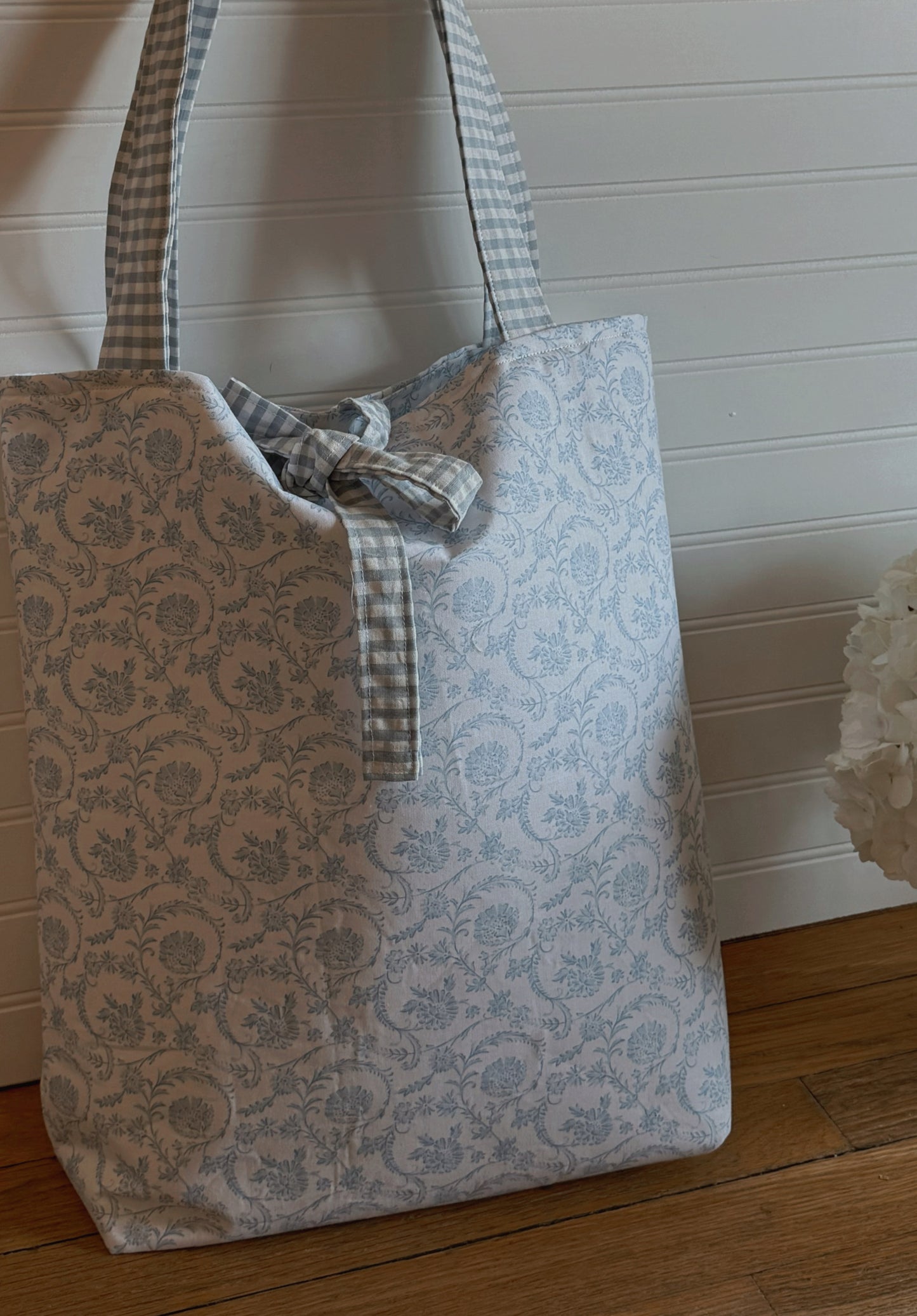 french blue floral & gingham tote bag