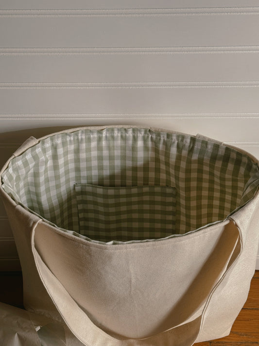 Green Gingham Lined Tote Bag