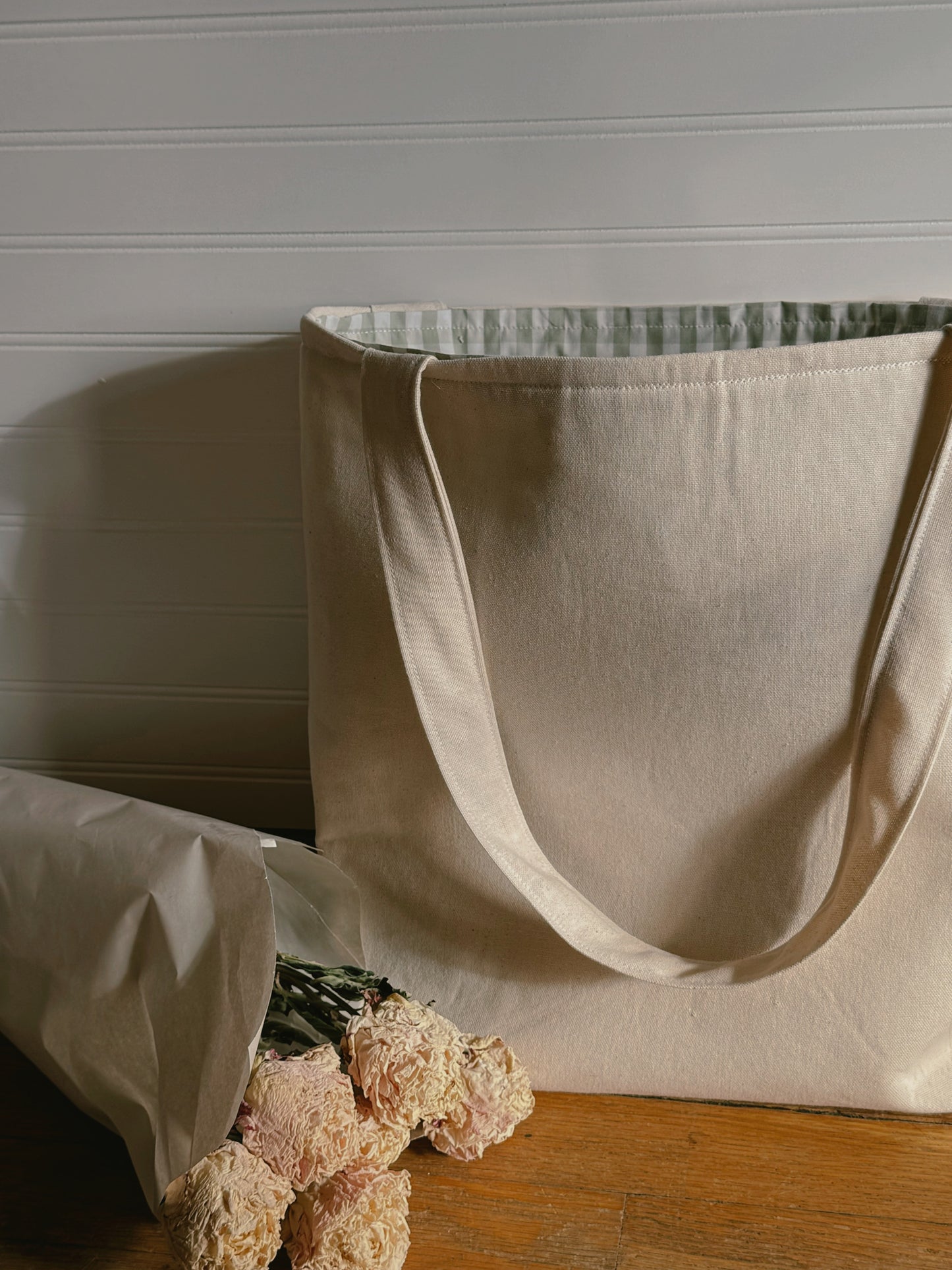 Green Gingham Lined Tote Bag