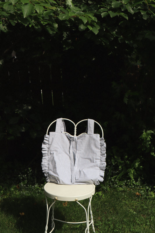 Blue & White Striped Ruffle Market Tote
