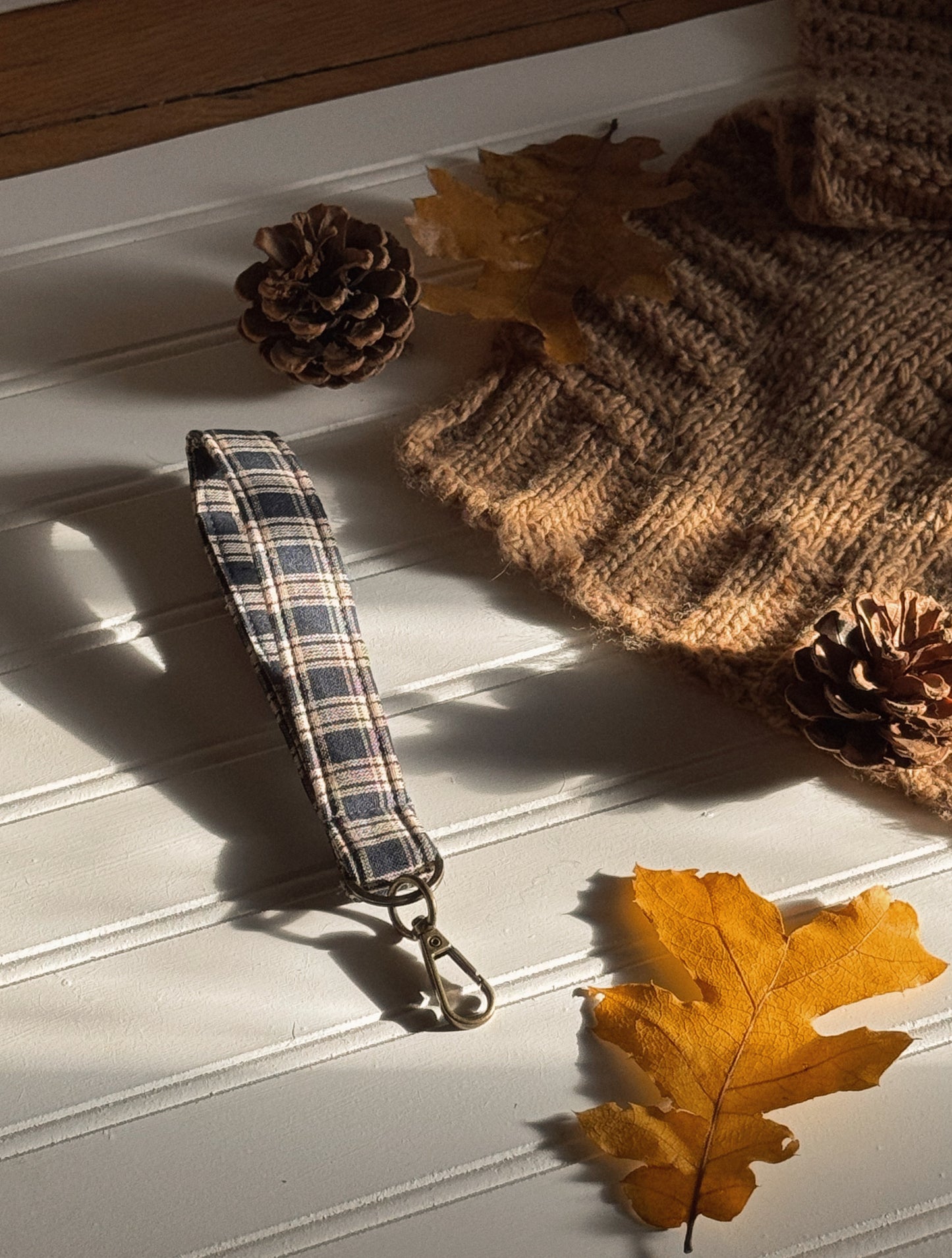 Beige & Navy Plaid Keychain