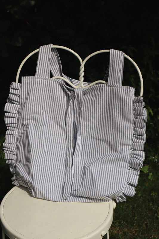 Blue & White Striped Ruffle Market Tote