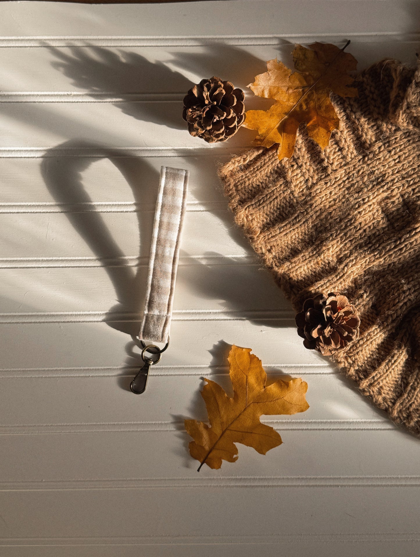 Beige Gingham Fabric Keychain