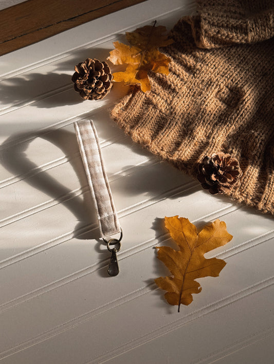 Beige Gingham Fabric Keychain