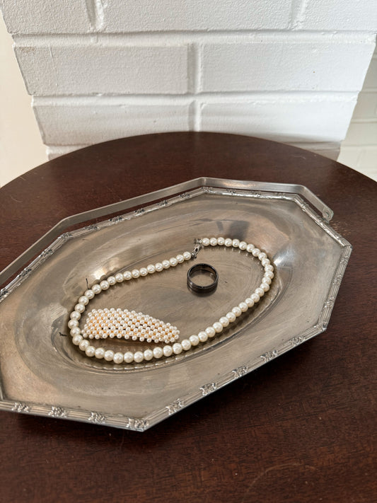 metallic silver tray with handle