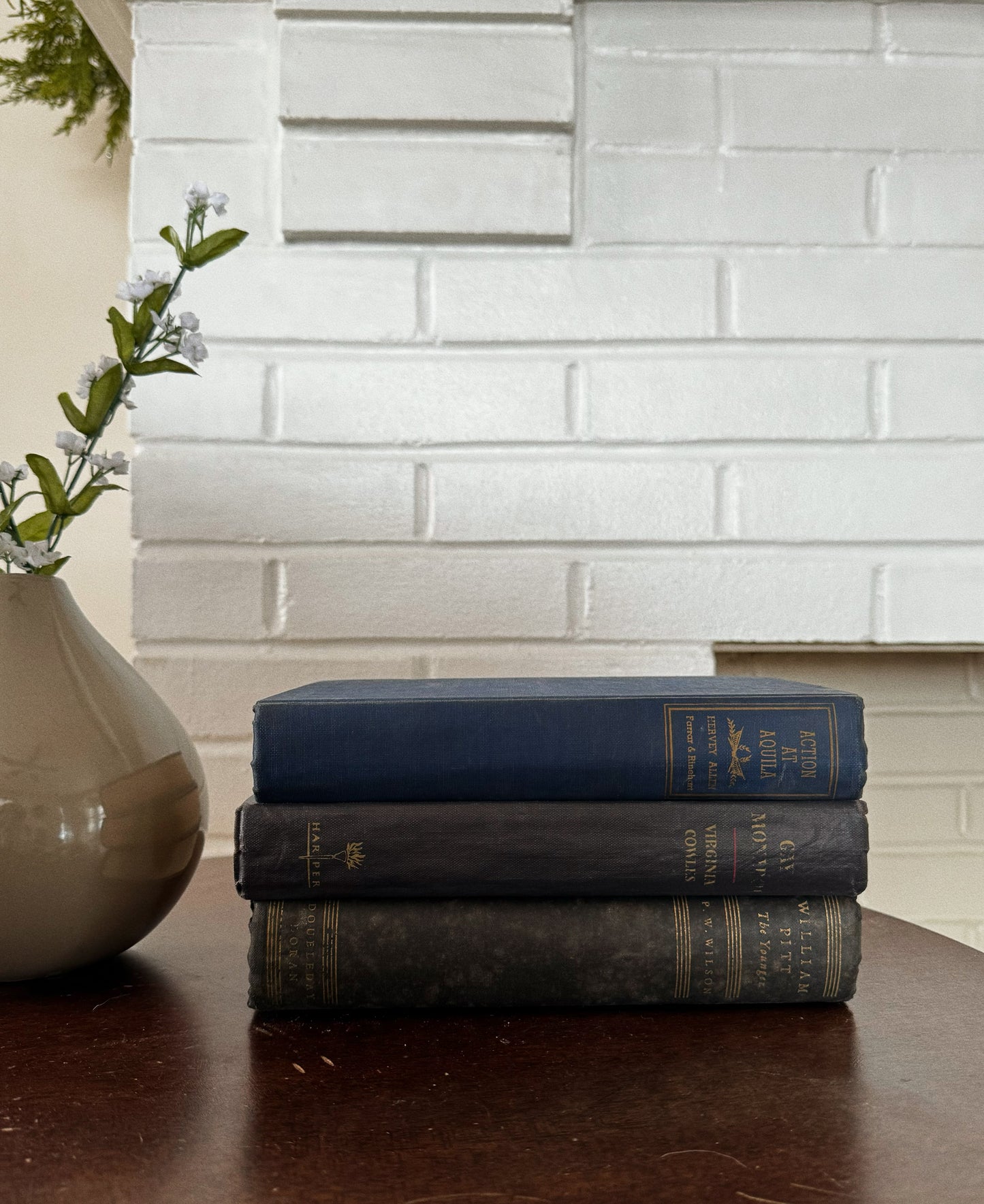 blue stack of vintage books