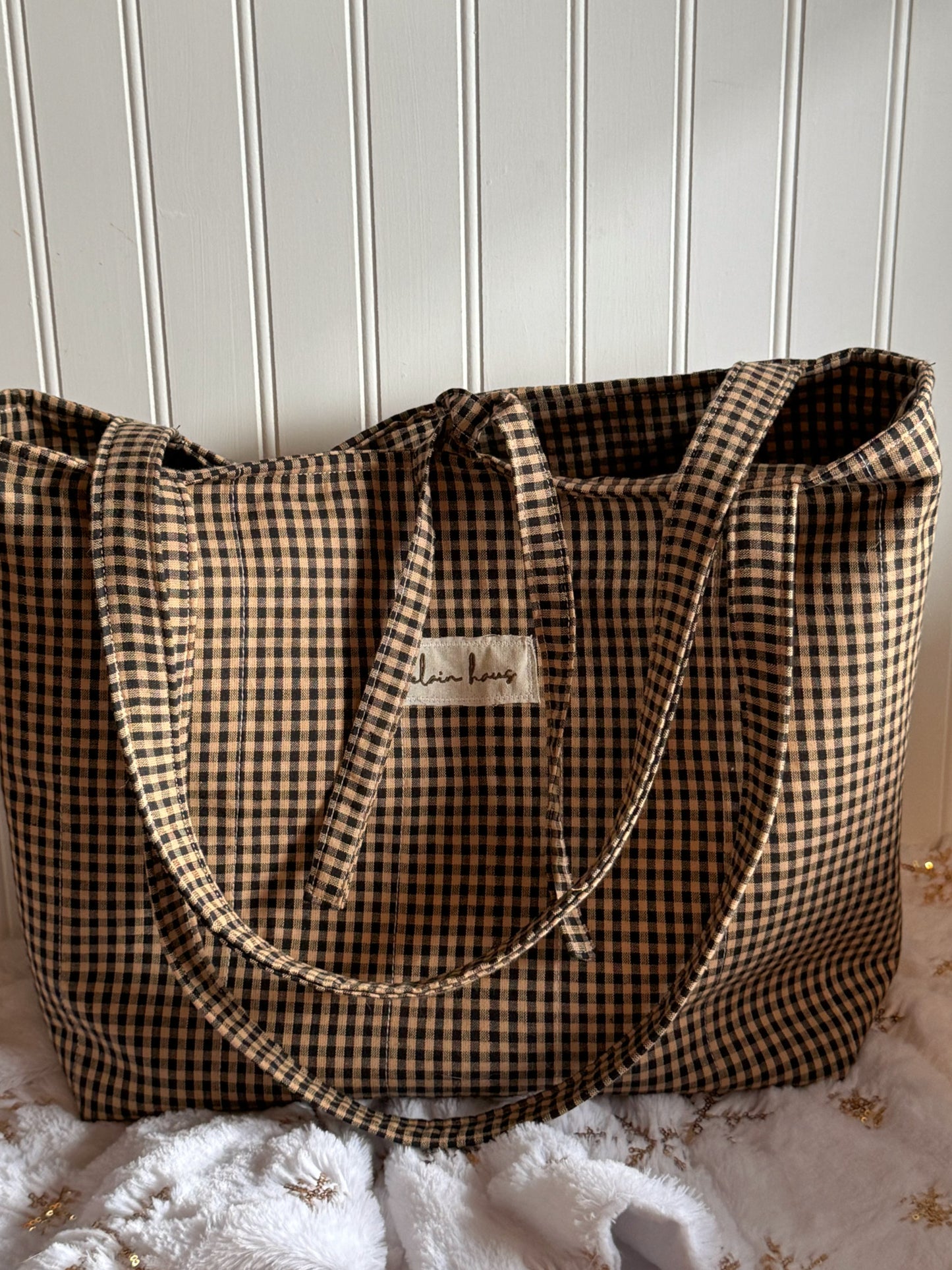 Quilted Brown Gingham Tote