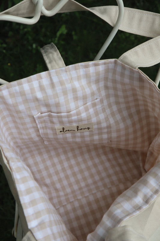 Beige Gingham Market Tote