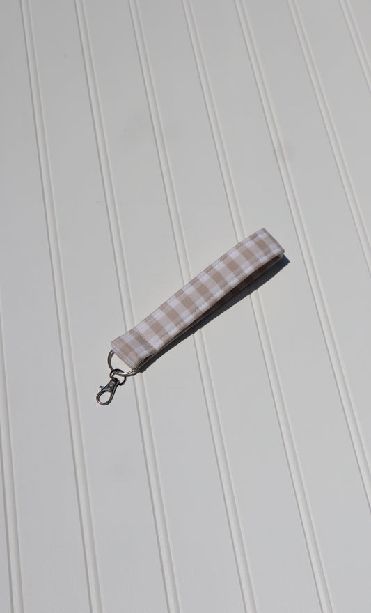 Beige Gingham Fabric Keychain