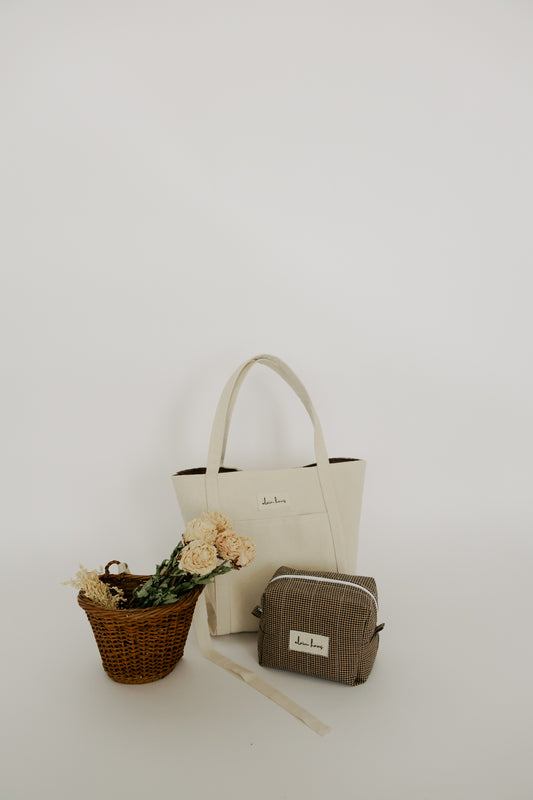 Quilted Brown Gingham Toiletry Bag